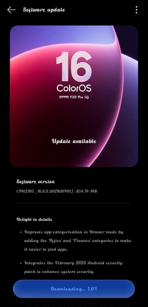 OPPO F29 Pro 5G ColorOS 16 update